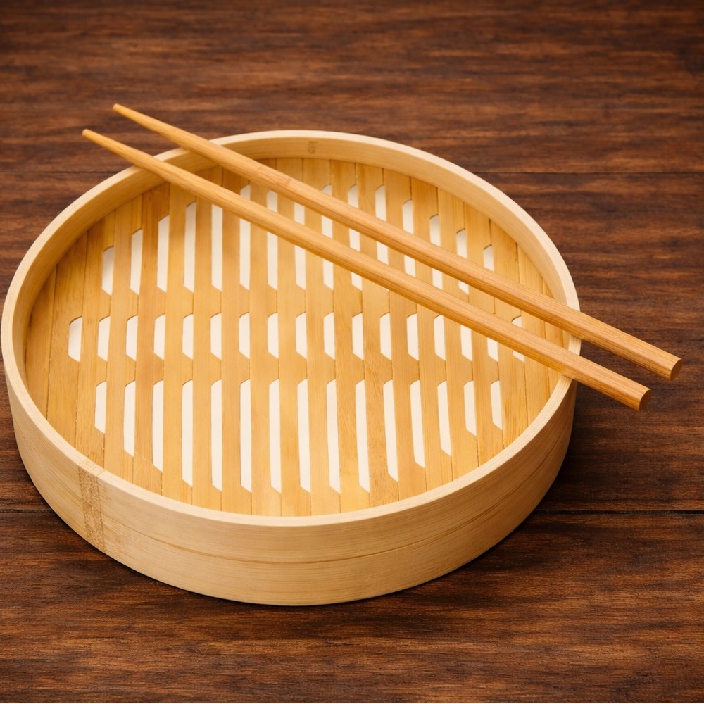 Natural Bamboo Steamer Basket with Chopsticks
